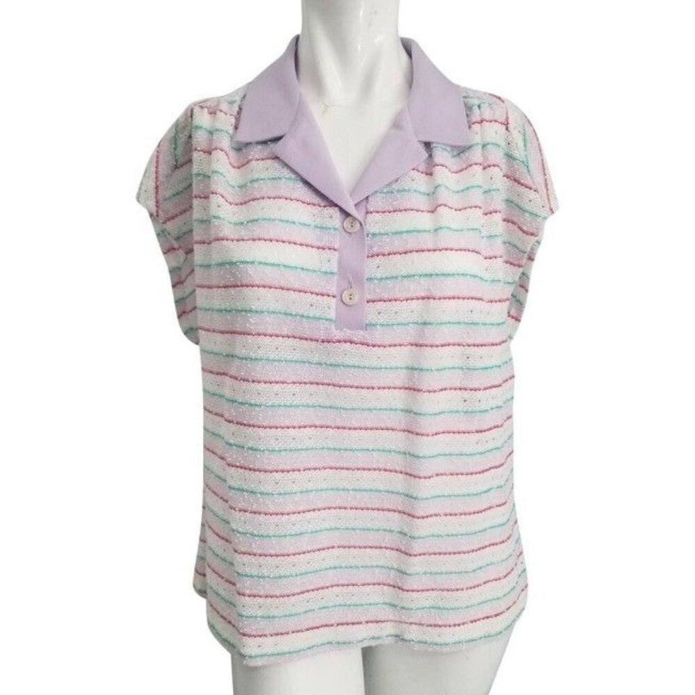 Marty Gutmacher Vintage 70s Blue White Collared Blouse Sz Medium Womens Open Kni - Picture 1 of 5